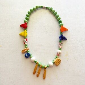 FLYING COLORS Vintage Hand-Painted Ceramic Beaded Necklace Baseball Theme